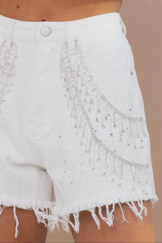 Off White Rhinestone Fringe Denim Shorts