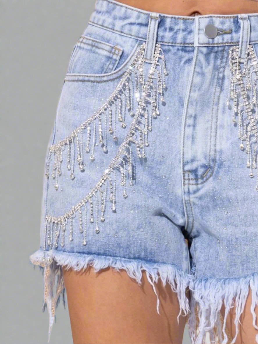 Rhinestone Fringe Denim Shorts